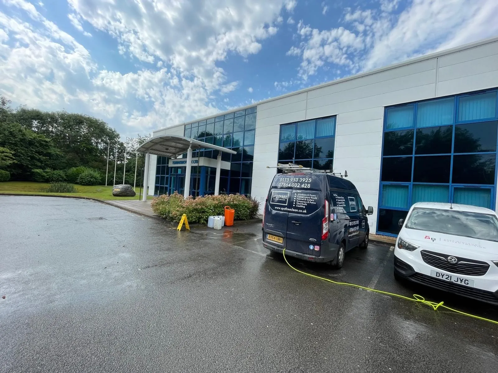 Commercial premises having its upper-storey windows cleaned from the ground
